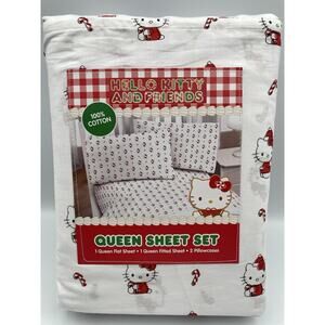 Hello Kitty White Christmas Pattern Queen Size Sheet Set With Pillow Cases - NEW